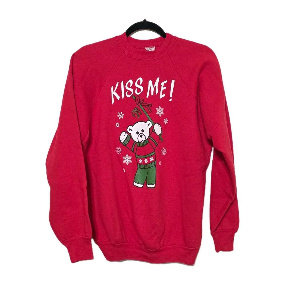 Vtg Christmas Teddy Bear Crew Sweatshirt Size XL Mistletoe 90s Grandmacore
